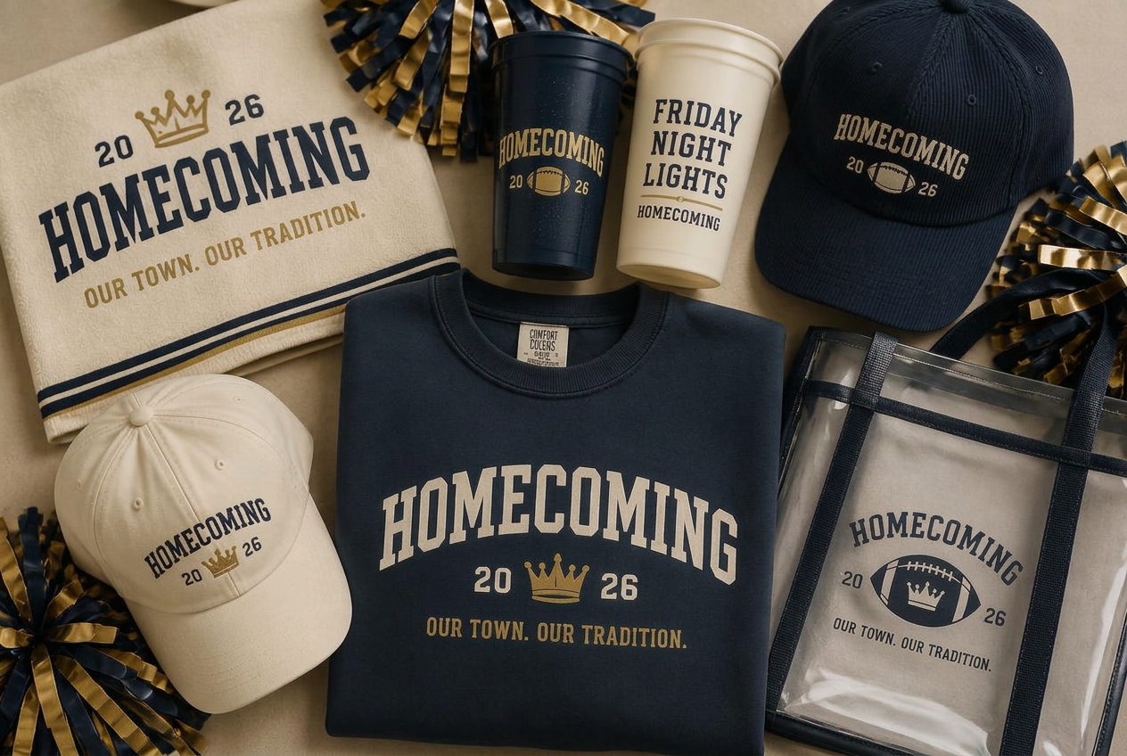 Custom Homecoming merchandise including rally towels, pom poms, stadium cups, caps and school-spirit apparel